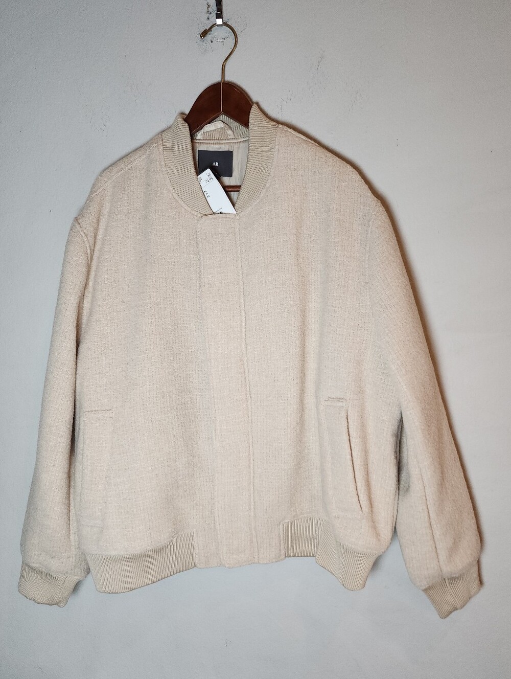 NWT Wool-Blend Bomber Jacket Beige H&M Men's Size XL